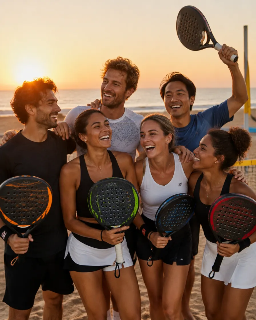 Padel players celebrating at sunset