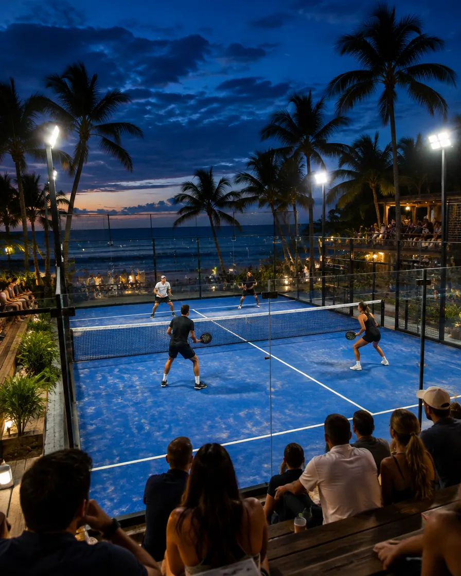 Night padel match by the beach