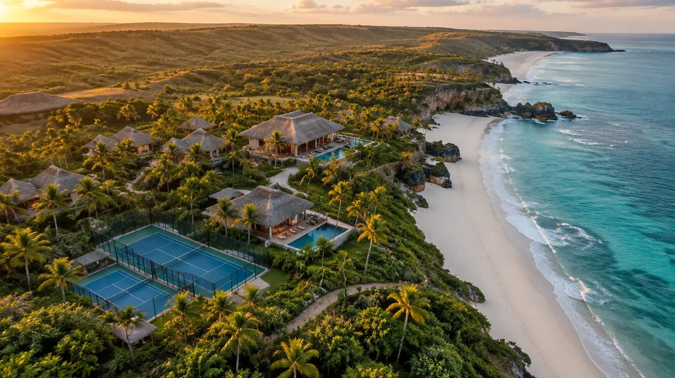 Aerial view of an island resort with padel courts next to the beach